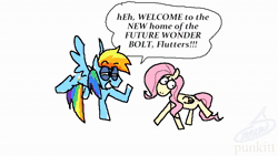 Size: 1280x720 | Tagged: safe, artist:punkittdev, artist:scrill0w, fluttershy, rainbow dash, pegasus, pony, g4, :|, animated, apple, chair, comic, comic dub, descriptive noise, dialogue, dudeweed, duo, eye contact, female, flying, food, grin, horse noises, horsecomix, leaf, looking at each other, looking at someone, mare, meme, monster energy, open mouth, open smile, playstation, poster, realistic horse legs, refrigerator, sleeping bag, smiling, sound, speech bubble, squint, television, trollface, webm