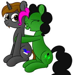 Size: 2792x2875 | Tagged: safe, artist:rainbowšpekgs, oc, oc only, oc:funnygamer95, oc:toxicpie, earth pony, pony, unicorn, 2023 community collab, derpibooru community collaboration, duo, earth pony oc, elements of poison, eyes closed, glasses, high res, horn, simple background, sitting, smiling, transparent background, unicorn oc