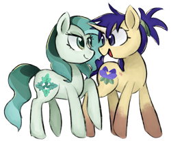 Size: 1215x1004 | Tagged: safe, artist:metaruscarlet, oc, oc only, oc:iris sparkler, oc:spring mint, earth pony, pony, unicorn, 2023 community collab, derpibooru community collaboration, duo, earth pony oc, female, horn, looking at each other, looking at someone, mare, open mouth, raised hoof, simple background, transparent background, unicorn oc