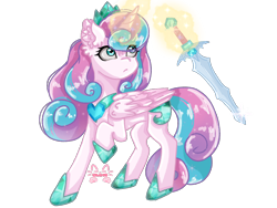 Size: 1024x768 | Tagged: safe, artist:niveria25, princess flurry heart, alicorn, pony, g4, armor, concave belly, crown, female, folded wings, glowing, glowing horn, hoof shoes, horn, jewelry, magic, magic aura, mare, older, older flurry heart, peytral, raised hoof, regalia, signature, simple background, solo, sword, telekinesis, transparent background, warrior flurry heart, weapon, wings