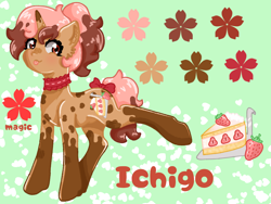 Size: 1024x768 | Tagged: safe, artist:niveria25, oc, oc only, oc:ichigo, pony, unicorn, cake, cutie mark, demisexual, food, raised hoof, reference sheet, solo