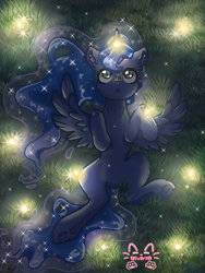 Size: 768x1024 | Tagged: safe, artist:niveria25, princess luna, alicorn, firefly (insect), insect, pony, g4, female, grass, lying down, mare, on back, solo, underhoof