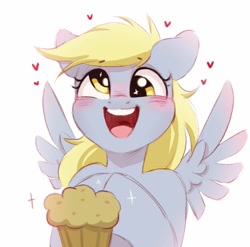Size: 1003x991 | Tagged: safe, artist:melodylibris, derpy hooves, pegasus, pony, g4, blushing, cute, derpabetes, ear blush, female, food, happy, looking at you, mare, muffin, open mouth, open smile, simple background, smiling, smiling at you, solo, spread wings, that pony sure does love muffins, white background, wings
