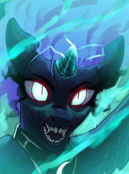 Size: 3120x4200 | Tagged: safe, artist:neither, nightmare moon, fanfic:moonlit stranding, g4, evil, glowing, glowing horn, horn, sharp teeth, solo, teeth