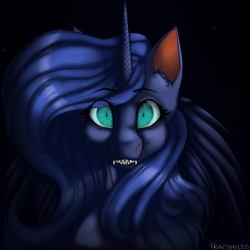 Size: 2000x2000 | Tagged: safe, artist:frazycoms, nightmare moon, princess luna, fanfic:moonlit stranding, g4, black background, glowing, glowing eyes, high res, simple background, solo, staring at you