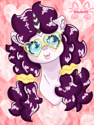 Size: 768x1024 | Tagged: safe, artist:niveria25, oc, oc only, oc:niveria, pony, unicorn, :p, bust, ear fluff, glasses, heart shaped glasses, heterochromia, horn, patterned background, solo, sternocleidomastoid, tongue out, unicorn oc