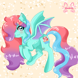 Size: 1280x1280 | Tagged: safe, artist:niveria25, oc, oc only, pony, bat wings, patterned background, raised hoof, slender, solo, spread wings, thin, watermark, wings