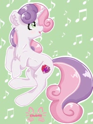 Size: 768x1024 | Tagged: safe, artist:niveria25, sweetie belle, pony, unicorn, g4, blushing, ear fluff, female, green background, mare, music notes, older, older sweetie belle, outline, patterned background, simple background, smiling, solo, watermark, white outline