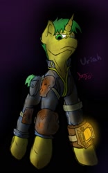 Size: 1135x1820 | Tagged: safe, artist:kage, oc, oc:uriah, pony, unicorn, fallout equestria, clothes, jumpsuit, pipbuck, solo, sternocleidomastoid, vault suit