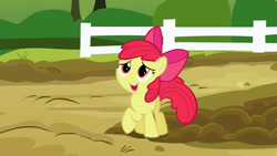 Size: 1389x782 | Tagged: safe, screencap, apple bloom, earth pony, pony, g4, season 3, spike at your service, adorabloom, apple bloom's bow, bow, cute, female, filly, foal, hair bow, open mouth, open smile, smiling, solo