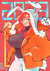 Size: 1400x2000 | Tagged: safe, artist:sozglitch, sunset shimmer, human, 2023, big breasts, breasts, bunny ears, busty sunset shimmer, cap, clothes, female, hand in pocket, happy new year, happy new year 2023, hat, holiday, huge breasts, humanized, jacket, looking at you, smiling, smiling at you, solo, year of the rabbit