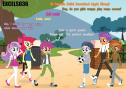 Size: 1120x792 | Tagged: safe, artist:excelso36, apple bloom, button mash, rumble, scootaloo, sweetie belle, tender taps, human, equestria girls, g4, ball, casual, clothes, commission, dialogue, equestria girls-ified, female, football, long socks, male, microskirt, miniskirt, park, pleated skirt, shoes, skirt, socks, sports, suspenders, thigh highs, thigh socks, trash can, walking