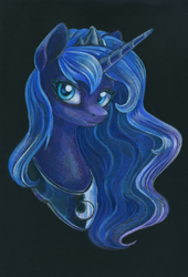 Size: 816x1200 | Tagged: safe, artist:maytee, princess luna, alicorn, pony, g4, black background, bust, colored pencil drawing, portrait, simple background, solo, traditional art