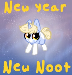 Size: 1632x1698 | Tagged: safe, artist:nootaz, oc, oc only, oc:nootaz, pony, unicorn, g4, coat markings, featured image, freckles, happy new year, holiday, horn, it's february tho, looking at you, socks (coat markings), solo, text, unicorn oc