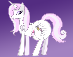 Size: 1936x1500 | Tagged: safe, artist:hodgepodgedl, fleur-de-lis, pony, unicorn, g4, diaper, diaper fetish, diapered, fetish, grimace, non-baby in diaper, poofy diaper, solo