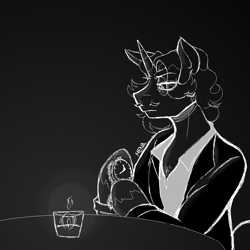 Size: 1000x1000 | Tagged: safe, artist:dsstoner, fancypants, unicorn, semi-anthro, g4, arm hooves, candle, candlelight, clothes, male, monochrome, solo, stallion, stressed, suit, watch