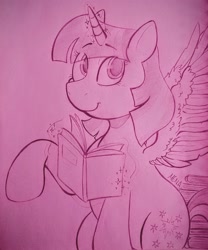 Size: 2786x3351 | Tagged: safe, artist:dsstoner, twilight sparkle, alicorn, pony, g4, book, female, high res, magic, magic aura, mare, raised hoof, solo, spread wings, traditional art, twilight sparkle (alicorn), wings