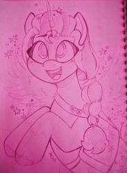 Size: 2747x3724 | Tagged: safe, artist:dsstoner, sunny starscout, alicorn, earth pony, pony, g5, female, high res, mare, open mouth, race swap, raised hooves, smiling, solo, sparkles, sunnycorn, traditional art