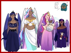 Size: 1024x768 | Tagged: safe, artist:sprong-lhama, princess cadance, princess celestia, princess flurry heart, princess luna, queen chrysalis, twilight sparkle, elf, human, g4, alicorn pentarchy, alicorn tetrarchy, baby, belly button, bisexual pride flag, breasts, bust, cleavage, clothes, dark skin, dress, elf ears, female, headcanon in the description, humanized, lesbian pride flag, midriff, mother and child, mother and daughter, pansexual pride flag, pride, pride flag, royal sisters, scroll, siblings, sisters, twilight sparkle (alicorn), winged humanization, wings