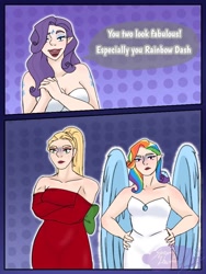Size: 768x1024 | Tagged: safe, artist:sprong-lhama, applejack, rainbow dash, rarity, human, g4, applejack also dresses in style, applejack is not amused, clothes, elf ears, evening gloves, gloves, humanized, lipstick, long gloves, polka dot background, rainbow dash always dresses in style, rainbow dash is not amused, tomboy taming, unamused, winged humanization, wings