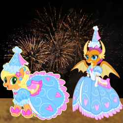 Size: 719x719 | Tagged: safe, artist:darlycatmake, applejack, smolder, dragon, earth pony, pony, beautiful, bow, clothes, cute, dragon wings, dragoness, dress, ear piercing, female, fireworks, flower, flower in hair, froufrou glittery lacy outfit, gloves, happy, happy new year, hat, hennin, holiday, jackabetes, jewelry, long gloves, mare, necklace, new year, new years eve, party, piercing, pretty, princess, princess applejack, princess smolder, smiling, smolderbetes, spread wings, wings