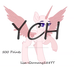 Size: 1280x1206 | Tagged: safe, artist:existencecosmos188, oc, oc only, alicorn, pony, commission, deviantart watermark, eyelashes, female, obtrusive watermark, raised hoof, simple background, solo, spread wings, watermark, white background, wings, your character here