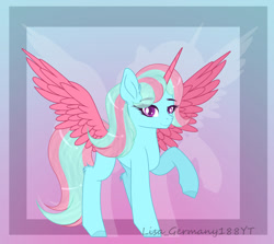 Size: 1024x914 | Tagged: safe, artist:existencecosmos188, oc, oc only, alicorn, pony, abstract background, alicorn oc, commission, eyelashes, female, horn, mare, raised hoof, smiling, solo, wings, ych result