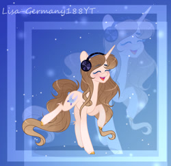 Size: 1024x991 | Tagged: safe, artist:existencecosmos188, oc, oc only, pony, unicorn, abstract background, blushing, dancing, eyebrows, eyebrows visible through hair, eyelashes, eyes closed, female, headphones, horn, leg fluff, raised hoof, raised leg, slender, smiling, solo, thin, unicorn oc, zoom layer