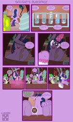 Size: 2141x3547 | Tagged: safe, artist:checker "doodle" board, bon bon, octavia melody, spike, sweetie drops, trixie, twilight sparkle, oc, oc:checkerboard, oc:inkenel, pony, unicorn, g4, comic, golden oaks library, high res, macro, magic, micro, microscopic, shrunken, size difference, spaceballs the tag, test tube, unicorn twilight