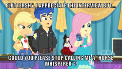 Size: 1065x600 | Tagged: safe, edit, edited screencap, editor:twi clown, screencap, applejack, banana (g4), flash sentry, fluttershy, human, best in show: the pre-show, equestria girls, g4, my little pony equestria girls: better together, caption, female, image macro, male, text
