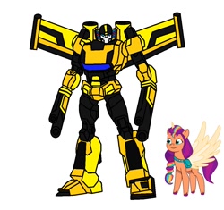 Size: 1080x1017 | Tagged: safe, artist:robertsonskywa1, sunny starscout, alicorn, earth pony, pony, g5, my little pony: tell your tale, cannon, duo, faceplate, horn, race swap, sunnycorn, sunstreaker, super mode, transformers, wings