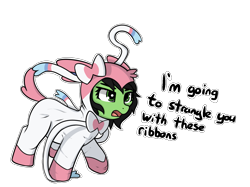 Size: 1209x905 | Tagged: safe, artist:neuro, oc, oc only, oc:filly anon, earth pony, pony, sylveon, animal costume, clothes, costume, dialogue, female, filly, foal, kigurumi, mare, pokémon, pokémon costume, simple background, solo, transparent background