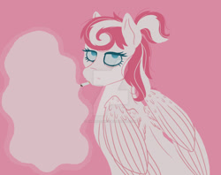 Size: 1280x1014 | Tagged: safe, artist:cherrycandi, oc, oc:candy care, pegasus, pony, bags under eyes, cigarette, deviantart watermark, folded wings, lineless, messy mane, obtrusive watermark, simple background, smoke, solo, watermark, wings