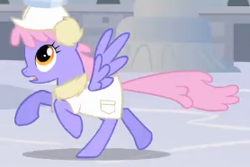 Size: 278x186 | Tagged: safe, screencap, rainbowshine, pegasus, pony, season 1, sonic rainboom (episode), alternate hairstyle, animation error, clothes, cropped, earmuffs, female, galloping, looking up, mare, open mouth, running, scarf, solo focus, spread wings, weather factory, weather factory uniform, wings