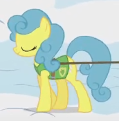 Size: 172x175 | Tagged: safe, screencap, bell perin, earth pony, pony, g4, season 1, winter wrap up, animation error, cropped, earth pony lemon hearts, eyes closed, female, harness, mare, missing horn, plant team, race swap, walking, winter wrap up vest