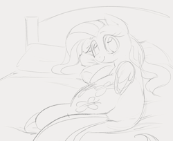 Size: 1271x1036 | Tagged: safe, artist:dotkwa, fluttershy, pegasus, pony, bed, butt, cute, female, flutterbutt, gray background, grayscale, looking at you, lying down, mare, monochrome, on bed, on side, plot, shyabetes, simple background, sketch, smiling, smiling at you, solo