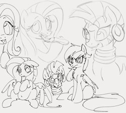 Size: 1056x952 | Tagged: safe, artist:dotkwa, fluttershy, zecora, pegasus, pony, zebra, g4, belly, belly button, claws, eating, female, food, frown, glare, gray background, grayscale, hoof hold, looking at you, mare, monochrome, pizza, simple background, sitting, sketch, sketch dump, tongue out, wing claws, wings