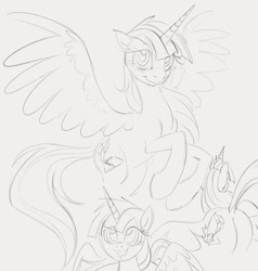 Size: 1250x1312 | Tagged: safe, artist:dotkwa, oc, oc only, oc:fausticorn, alicorn, pony, alicorn oc, butt, female, gray background, grayscale, horn, looking at you, mare, monochrome, plot, simple background, sketch, sketch dump, smiling, smiling at you, solo, spread wings, wings