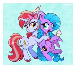 Size: 3700x3300 | Tagged: safe, artist:darkynez, oc, oc only, oc:cinnamon lightning, oc:evening skye, pegasus, pony, unicorn, bow, collar, cupcake, duo, eyelashes, female, food, hair bow, happy, hat, high res, hug, mare, open mouth, open smile, party hat, smiling