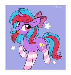 Size: 3100x3300 | Tagged: safe, artist:darkynez, oc, oc only, oc:cosmic spark, pony, unicorn, bow, clothes, hair bow, high res, lidded eyes, looking at you, raspberry, smiling, socks, solo, striped socks, tongue out