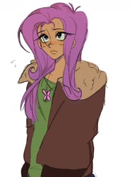Size: 1082x1448 | Tagged: safe, artist:darkzombiez, fluttershy, human, g4, clothes, humanized, jacket, simple background, solo, tan skin, white background