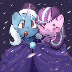 Size: 2048x2048 | Tagged: safe, artist:stanleyiffer, starlight glimmer, trixie, pony, unicorn, beanbrows, cape, clothes, cute, duo, eyebrows, female, lesbian, shared clothing, shipping, snow, snowfall, startrix, trixie's cape