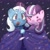 Size: 2048x2048 | Tagged: safe, artist:stanleyiffer, starlight glimmer, trixie, pony, unicorn, beanbrows, cape, clothes, cute, duo, duo female, eyebrows, eyes closed, female, lesbian, open mouth, open smile, shared clothing, shipping, smiling, snow, snowfall, startrix, trixie's cape