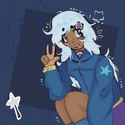 Size: 2046x2046 | Tagged: safe, artist:stanleyiffer, trixie, human, beanbrows, clothes, eyebrows, hoodie, peace sign, solo