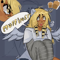 Size: 2048x2048 | Tagged: safe, artist:stanleyiffer, derpy hooves, human, clothes, coontails, eared humanization, emanata, food, humanized, long sleeves, muffin, one word, shirt, solo, speech bubble, t-shirt, winged humanization, wings
