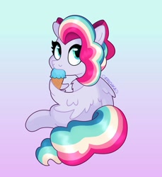 Size: 963x1050 | Tagged: safe, artist:erichkaofficial, oc, oc only, oc:sky sorbet, pegasus, pony, bow, eating, food, gradient background, hair bow, ice cream, ice cream cone, multicolored hair, pegasus oc, sitting, solo, wing hands, wings