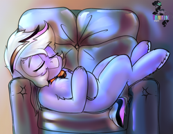 Size: 1554x1200 | Tagged: safe, artist:brainiac, oc, oc only, oc:whiskey lullaby, cat, cat pony, original species, semi-anthro, arm hooves, bell, bell collar, chest fluff, collar, cute, female, human shoulders, inflatable chair, mare, sleeping, solo, unshorn fetlocks