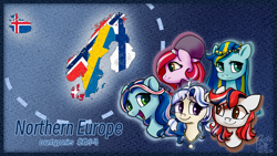 Size: 1920x1080 | Tagged: safe, artist:brella, oc, oc only, pony, chinese, denmark, english, finland, iceland, map, nation ponies, national flag, norway, ponified, sweden