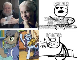Size: 620x485 | Tagged: safe, idw, official comic, doctor caballeron, dragon, earth pony, human, unicorn, daring doubt, g4, brony, cereal, cereal guy, daenerys targaryen, disguise, fake beard, food, game of thrones, george r.r. martin, groom q.q. martingale, irl, irl human, meme, photo, viserion
