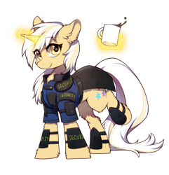 Size: 2271x2351 | Tagged: safe, artist:swaybat, oc, oc only, oc:flash meteor, pony, unicorn, fallout equestria, armor, coffee, high res, security armor, security guard, simple background, solo, transparent background
